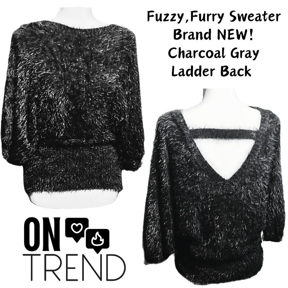 Trending For Fall Fuzzy Furry Dark Gray Ladder Back Soft Comfy Sweater NEW